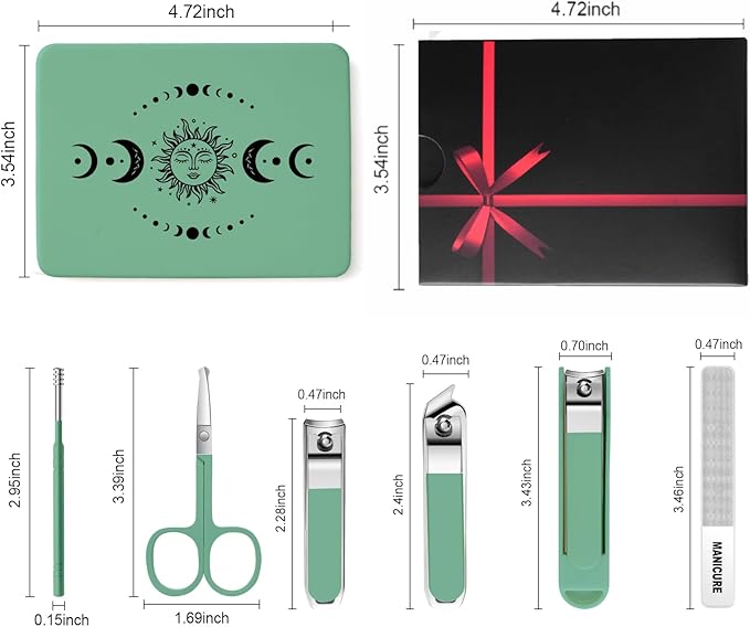 6-Piece Nail Clipper Set with Nail File, Tweezers and ingrown toenail Removal kit Travel Nail kit for Men and Women (Moon Green)