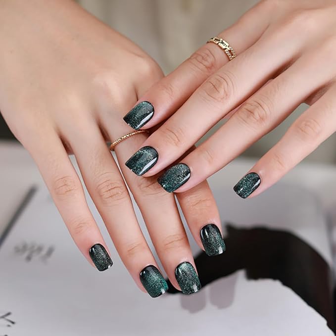 Light green Press on Nails Short Square, Cat Eye Press on Nails, Fashion Gel Fake Nails, Reusable Acrylic Fake Nails, Glossy Stick on Nails for Women, 24Pcs