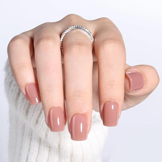 Soft Mocha Nude Press on Nails - Short Square Glossy Nails Press ons for Women, Reusable Warm Nude Glue On Nails 30 Pcs 15 Sizes Fake Nails Kit with Glue, Soft Mocha