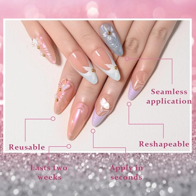 3D Press on Nails Medium Almond with Butterfly Floral Design, Nude Blue Neon French Nail Press ons Glossy Stick on Nails for Women Reusable with Kit, Stick on Cute Fake Nail with Designs Perfectly Fit