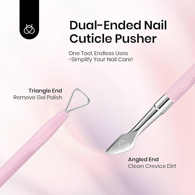 Beetles Gel Nail Remover Tool Dual-end Cuticle Pusher, Triangle End Remove Gel Polish Angled End Clean Crevice Dirt Two in One Tool Dead Skin Nail Scraper Stainless Steel Pink Remover Pusher