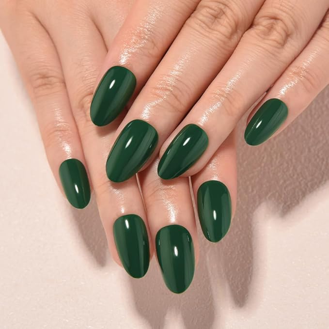 evpct Green Glossy Press on Nails Short Almond, Glossy Green Fake Nails False Nail Pure Color with Kit, Salon Quality Soft Gel Stick on Acrylic False Soft Nails Reusable Full Cover for Women Manicure