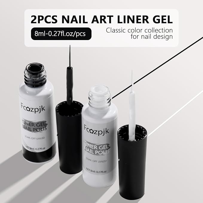 Black And White Gel Polish, 2PCS 8ML Gel Nail Polish Art Liner Set for French Tips Swirls Lines Gels Paint with Build in Thin Brush Detailing Draw Design Home Manicure Salon Supply UV Curing