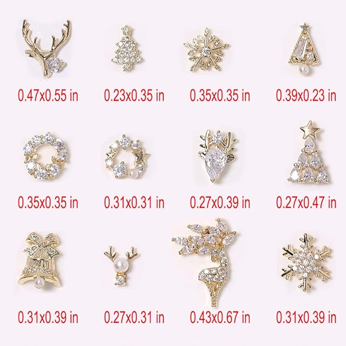12pcs Christmas Nail Charms,Alloy Chrismas Nail Art Charms Nail Gems Nail Rhinestones Shiny Zircon Snowflake Elk Xmas Tree Chrismas Garland Nail Decor Rhinestones for Nails Jewelry Women Nail Supplies