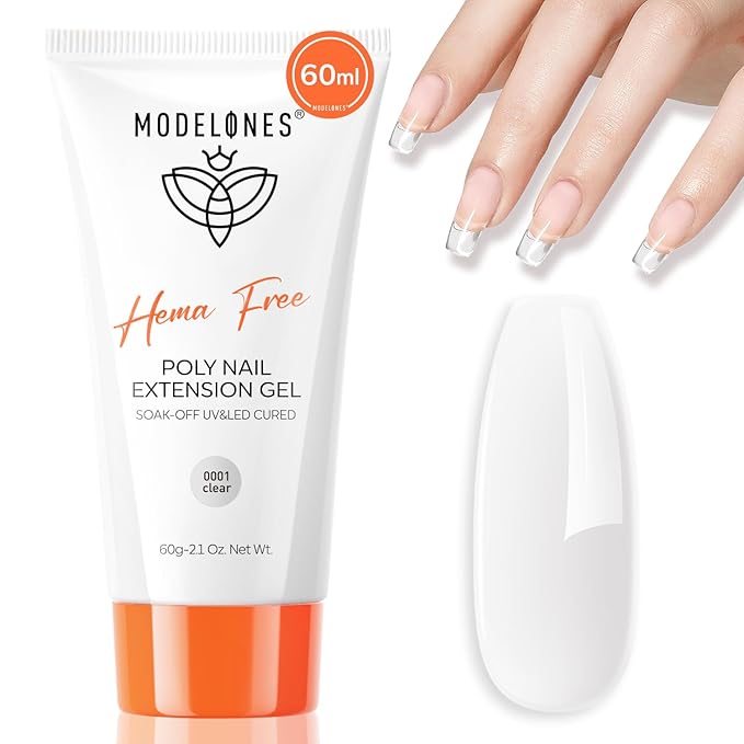 modelones Poly Gel, Hema-Free 60ML Clear Poly Extension Gel Nail Strengthener Enhancement Thickening Natural Wearing Nail Builder Overlays Home DIY Salon
