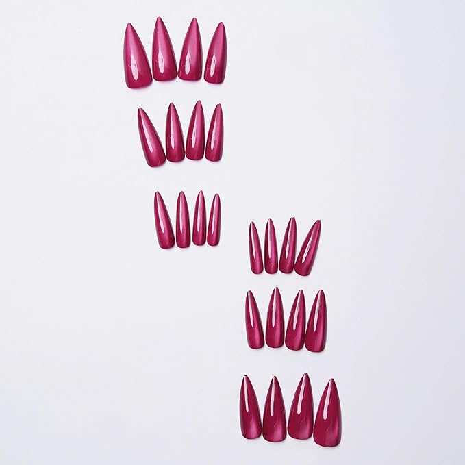 MISUD Press on Nails - Long Stiletto Fake Nails, Acrylic Summer Hot Pink Cat Eye Design 24 pcs