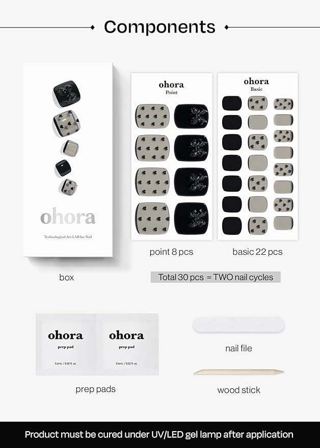 ohora Semi Cured Gel Pedi Strips (P Heart Lace) - Works with Any Nail Lamps, Salon-Quality, Long Lasting, Easy to Apply & Remove - Includes 2 Prep Pads, Nail File & Wooden Stick