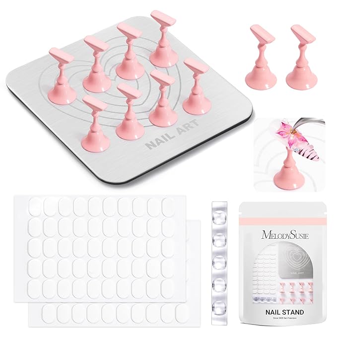 MelodySusie Nail Stand for Press Ons, Super Metal Square With Heart Pattern Magnetic Base for Painting Display with Brush Holder And Reusable Double-Sided Tape for Home DIY Salon Supplies