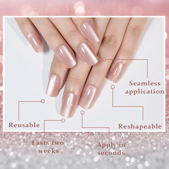 Cat Eye Nude Press On Nails Medium Long Length Square, Designer Reusable Acrylic Fake Nail with Glue, Glossy Gel Nails Wedding Party, Stick On Glue On Nail, Nails Press Ons for Women
