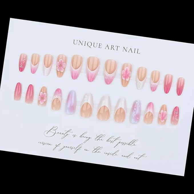 Press on Nails Almond - Medium, French Tip Fake Nails with Flower Design - Spring, Flower False Nails Press ons - for Women 24 Pcs