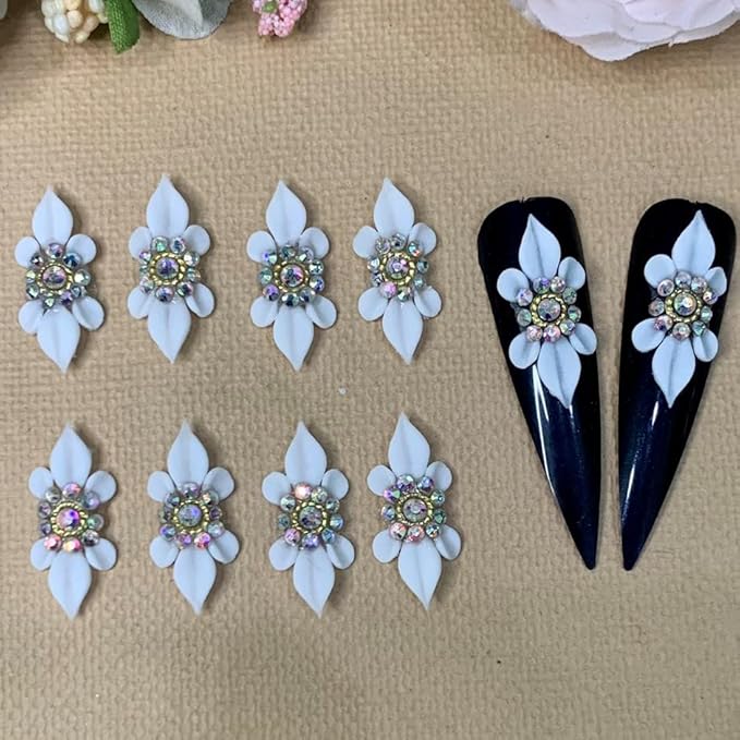 10PCS 3D Acrylic Flowers Nail Art Charms Handmade- Flowers Nail Bling Rhinestones 3D Crystal Nail Pearls Flat Design Acrylic Nail Art for Women Girls (White 1)