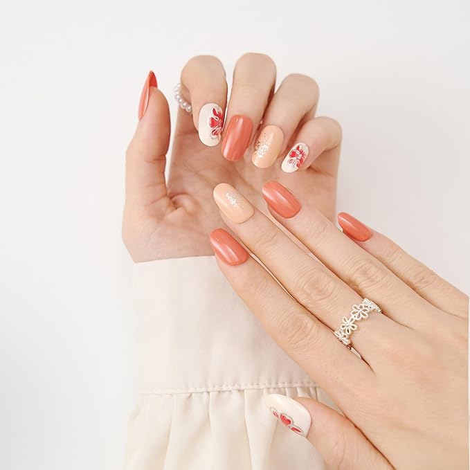 short round press on nails orange - floral acrylic fake nails salon quality reusable tips for women, perfect DIY manicure at home, 24 Nails in 12 Sizes