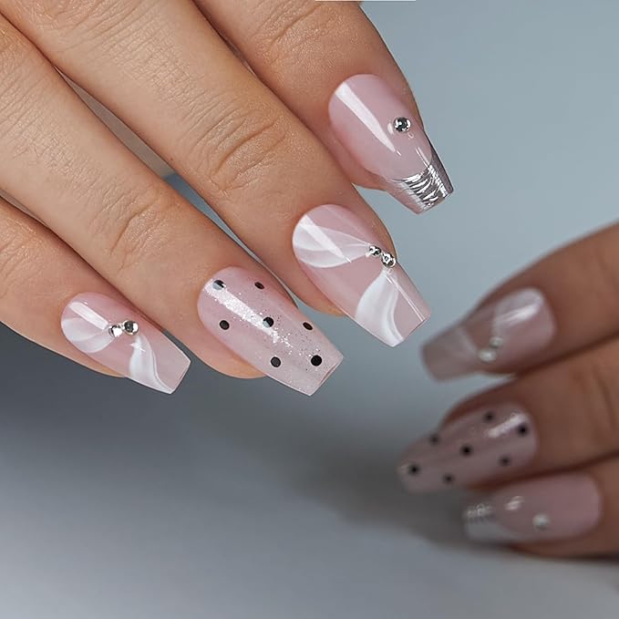 Curvlife Press On Nails Medium Coffin Pink - Black White Polka Dot Press on Nails with Glue, Heart Diamond Glitter Glossy Nude Pink Fake Nails Long Lasting False Nail Tips for Women