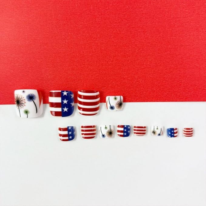 4th of July Press on Toenails Short Square Fake Toenails with Dandelion Design Red Blue USA Flag Toenails Striped False Toenail Glossy Summer Independence Day Toenail for Women Manicure 24Pcs