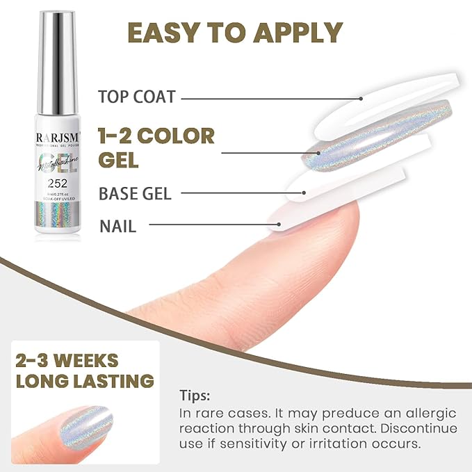 RARJSM Metallic Silver Nail Art Gel Liner Mirror Chrome 3D Holographic Laser Rainbow Effect Gel Nail Polish 8ml Build in Thin Brush Painted Drawing Striper Painting Curing Requires for Home Salon