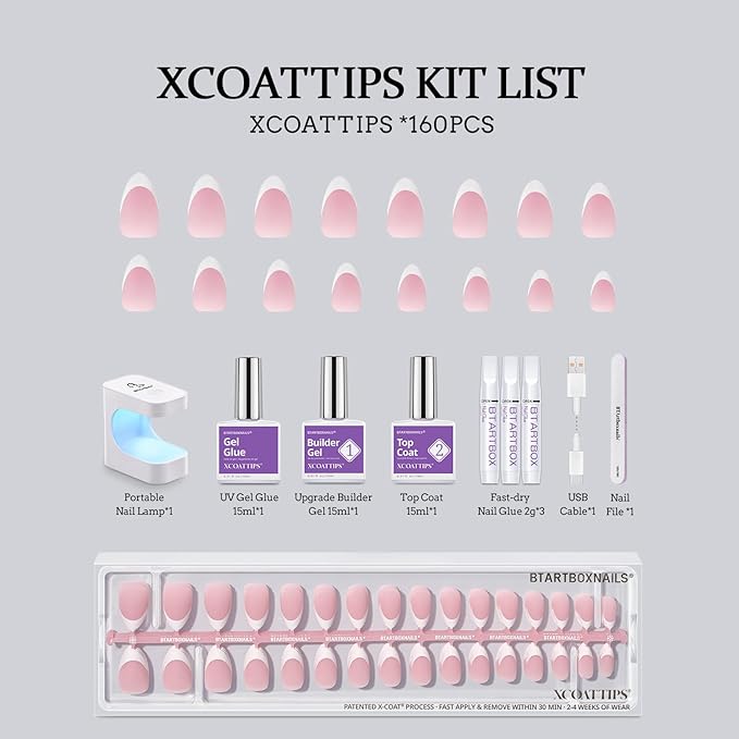 BTArtboxnails XCOATTIPS Press on Nails - Short Almond Nail Tips with Nail Gel, French Protecing Duo, Nail Lamp, All in One Soft Gel French Tip Press on Nails Gel Extension