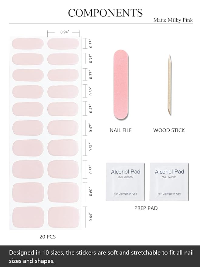 Semi Cured Gel Nail Strips (Matte Milky Pink), Translucent, 20 PCS Gel Nail Wraps, Stickers, UV Light Required, Salon Quality, Long Lasting