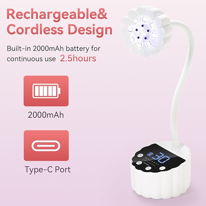 Makartt UV LED Nail Lamp - Gooseneck 34mW/cm² Flash Cure Lamp Rechargeable UV Light for Gel Nails with 4 Times & Auto Sensor USB Cordless Fast Curing Nail Art Design for Salon Home DIY (White)