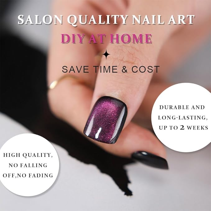 evpct Purple Cat Eye Press on Nails Extra Short Square, Petite Short Press on Stick on Nails for Women Gift, Dark Purple Holographic Glitter Glossy Reusable Stick on Gel Acrylic Fake Nail with Design