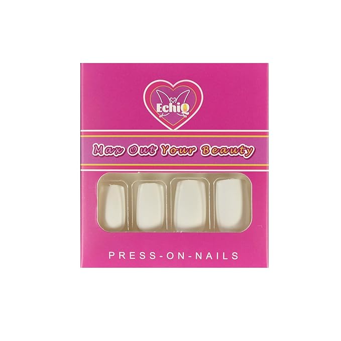 Fake Nails Medium Size Square Squoval Shape Predesigned Press on Nail (Matte White)