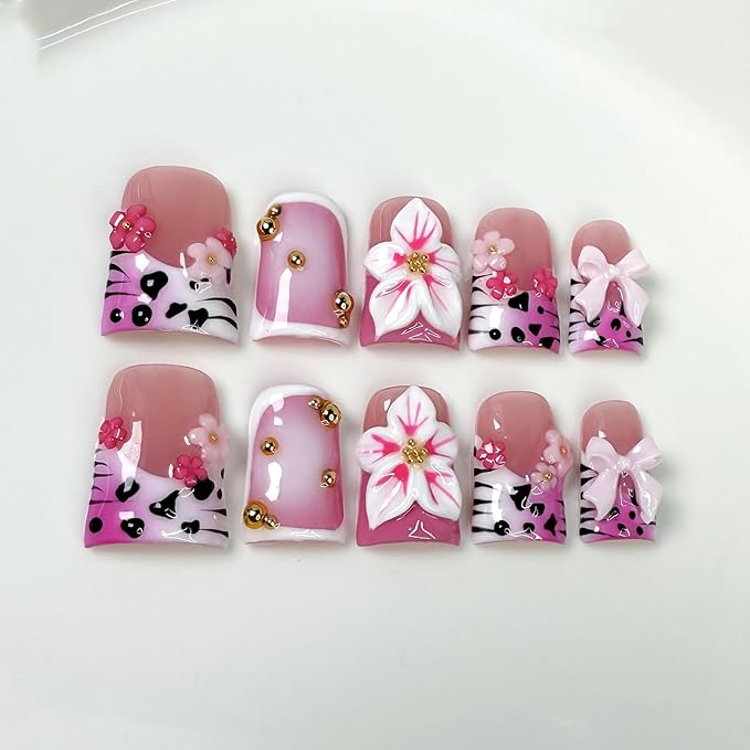 10Pcs Cute Leopard French Tip Press on Nails Handmade Fake Nails with 3D Flower Bow Design Short Duck False Nail Handmade Acrylic Nails Press ons Reusable Pink Flower Stick on Nails for Women (M)
