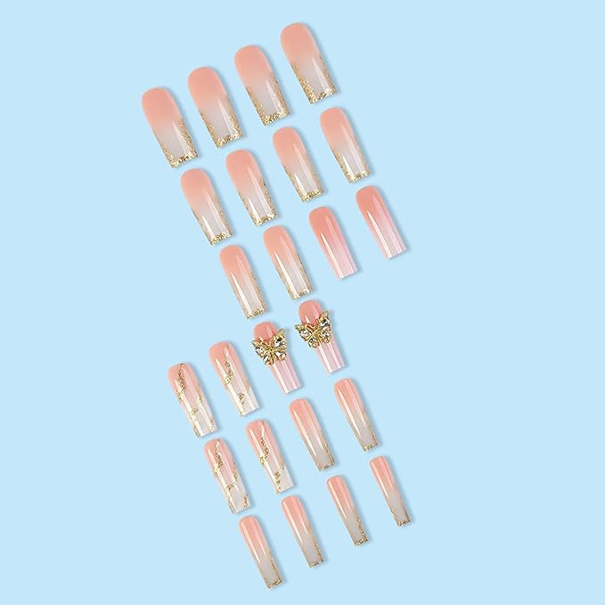 RTKHFZE Press on Nalis Long Coffin Nails Press ons Square Fake Nails Nude Gradient Acrylic False Nails with Metal 3D Butterfly Designs and Gold Glitter Artificial Nail Stick on Nail for Women 24Pcs