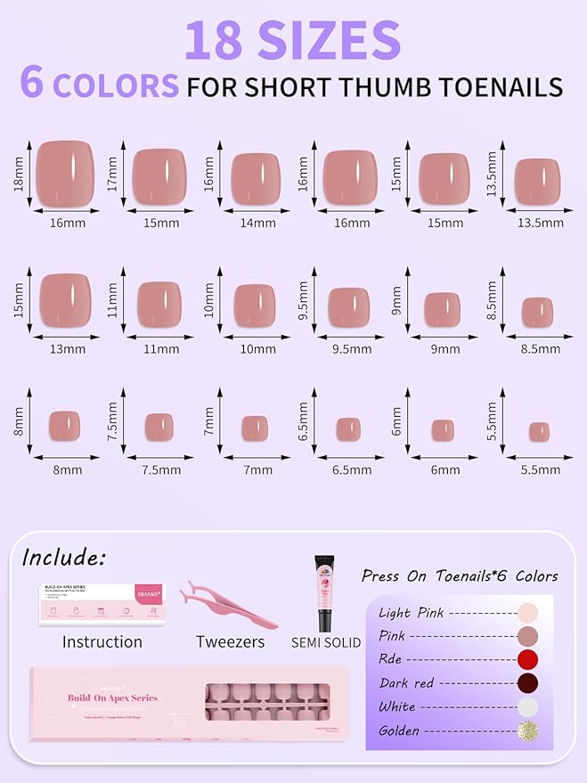 EBANKU 216 Pcs Press On Toenails Short, French Toe Nail Tips Square False Toenails 18 Sizes Press On Nails Gold Pink Brown Full Cover Nail Tips with Nail Glue for Nails DIY Salon Home