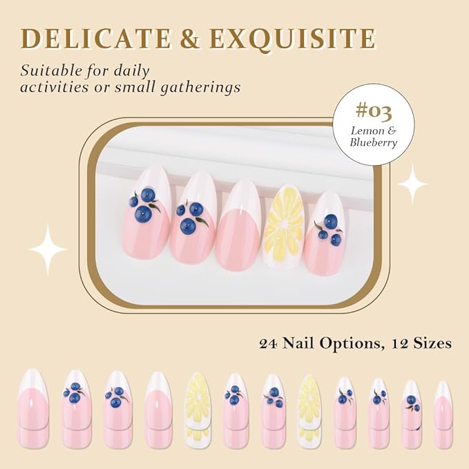 evpct French Tip Press on Nails Medium Almond, Nude Pink + White Tips, Artificial 3D Fake Nails Kit with Lemon Blueberry Designs, Stick on Nails with Nail Kit, 24Pcs Reusable Stick on Nail Kit Women