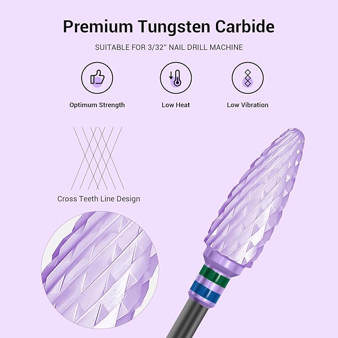 MelodySusie Ceramic Nail Drill Bit, 3/32'' (2.35mm) Professional Acrylic Nail File Flame Drill Bit for Manicure Pedicure Cuticle Gel Nail Polishing, Beginners Bits, Purple, Series Bit-S, Coarse