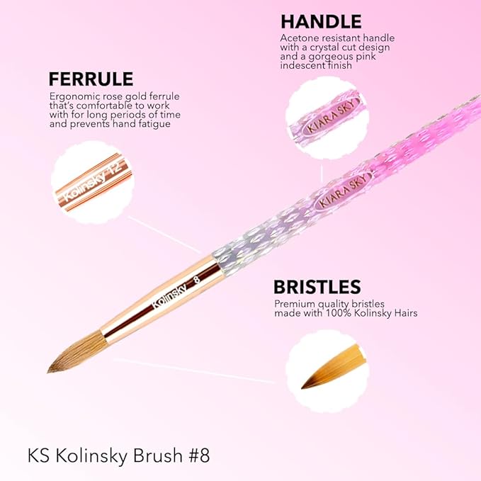 Kiara Sky Acrylic Brush #8 - Pink | 100% Pure Kolinsky | Crystal Cut Handle and Acetone Resistant