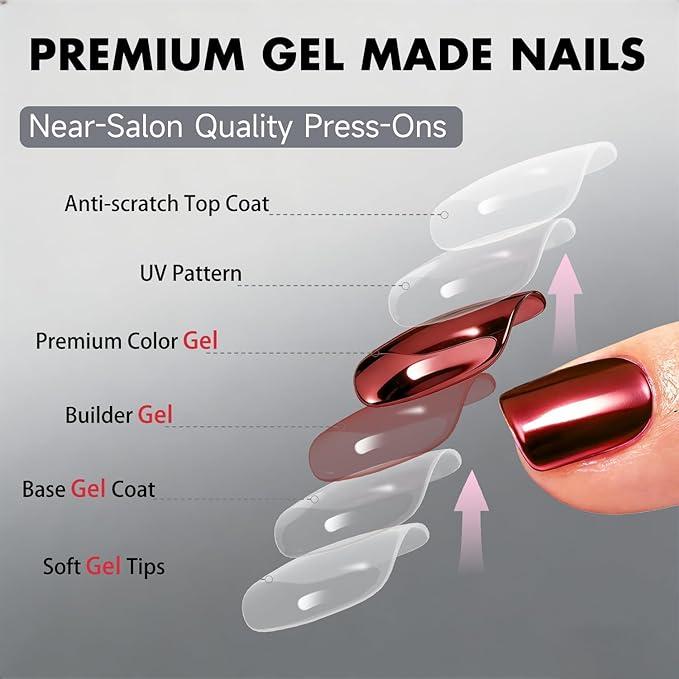Chrome Press on Nails Short Square, Metallic Red Fake Nails with a Sparkle Mirror Finish, Glitter Glue on Nails for Women Birthday Party, Thick Quality Soft Gel Nail Press ons 30 Pcs
