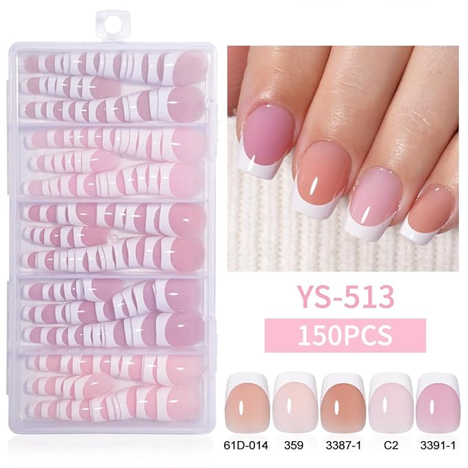150Pcs French Tip Press on Nails Short Square Fake Nails White French Tip Stick on Nails Nude False Nail Soft Gel Artificial Handmade Acrylic Glue on Nail for Women Manicure 5Pack