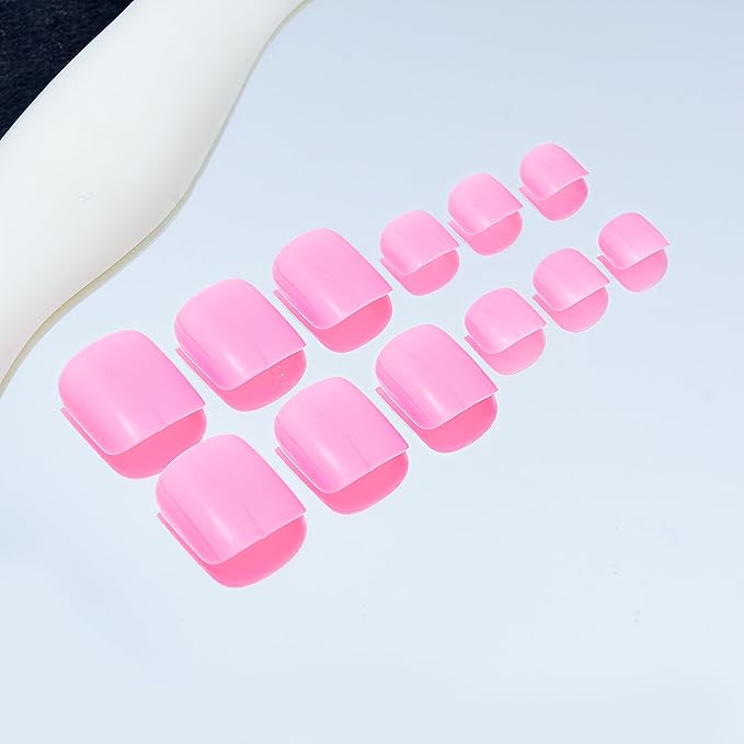 24 Pcs Solid Color Hot Pink Press on Toenails Short Square Fake Toe Nails Baby Pink Glossy Full Cover Pink Solid Color Design Summer False Glue on Toe Nails for Women Manicure Decoration