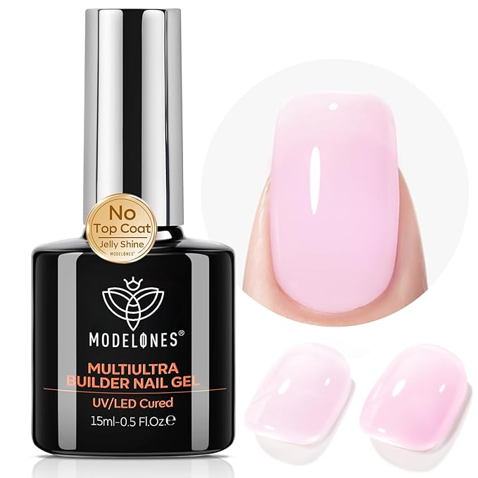 modelones Builder Nail Gel, Baby Pink Builder for Nails No Top Coat Needed, C-Curve Sculpting, Glossy Jelly Finish Light Pastel Pink, No-Wipe, 9-in-One LED Lamp Cured Color Rubber Base Gel Polish