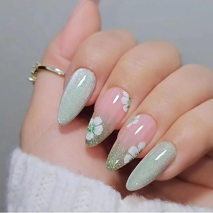Almond Press on Nails Medium Green With Cute Flower Design - Full Cover Glossy Acrylic for Christmas - 24Pcs Artificial Manicure Set for Women