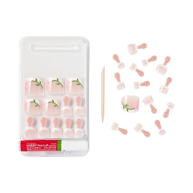 GoldFinger 24 Pcs Press On Toenails, Ready to Wear Fake Nails, Flower French Tip Gel Stick On Extensions, Reusable Pedicure False Nail Kit with Glue, Cuticle Stick & File, 7 Day Long Lasting Wear