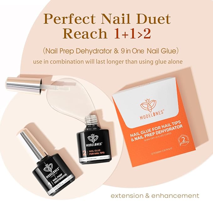 modelones 9 in One Gel Nail Glue Prep Dehydrator for Acrylic Nails Tips/Bloom Gel/Adhesive Bond, Long Lasting Curing Needed