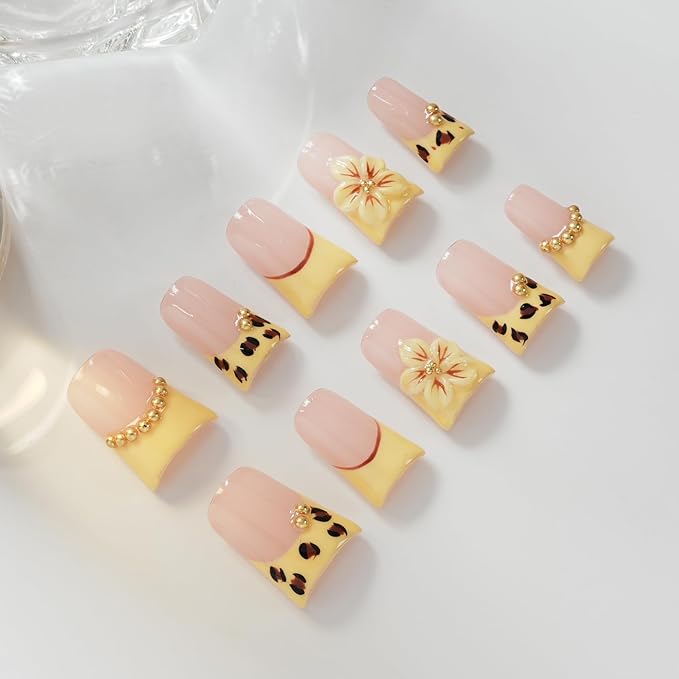 Handmade Press on Nails Short Duck Luxury 3D Leopard Print - Yellow French Tips with Hibiscus Flower Charms, Reusable Thick Acrylic Full Cover (Blush Yellow Leopard Bloom, M)
