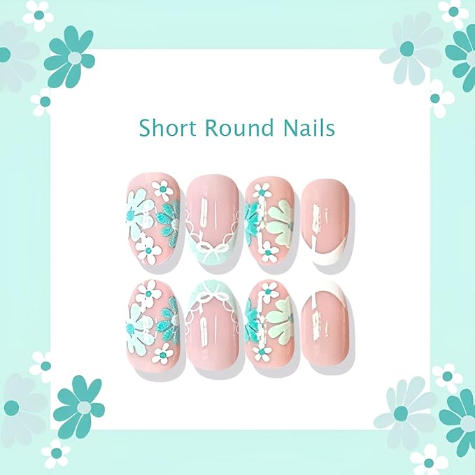 Flower Press on Nails Medium Almond Fake Nails French Tip Nails Press Ons Green Flower False Nails Glossy Full Cover Glue on Nail Summer Spring Stick on Nail for Women Decorations 24Pcs