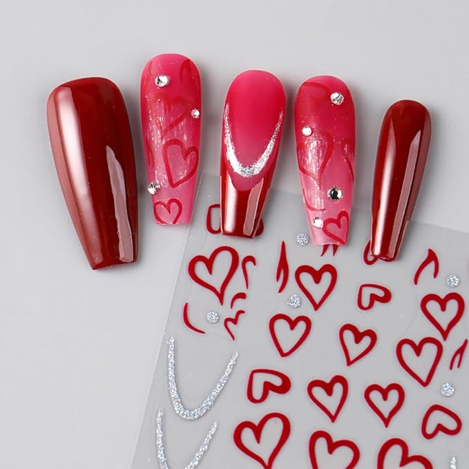 6 Sheets Valentines Day Nail Art Stickers French Tip Nail Stickers Red Pink Love Bow French Designs Cute Nails Art Supplies Romantic Heart Nail Decals for Women Holiday Manicure Decorations DIY
