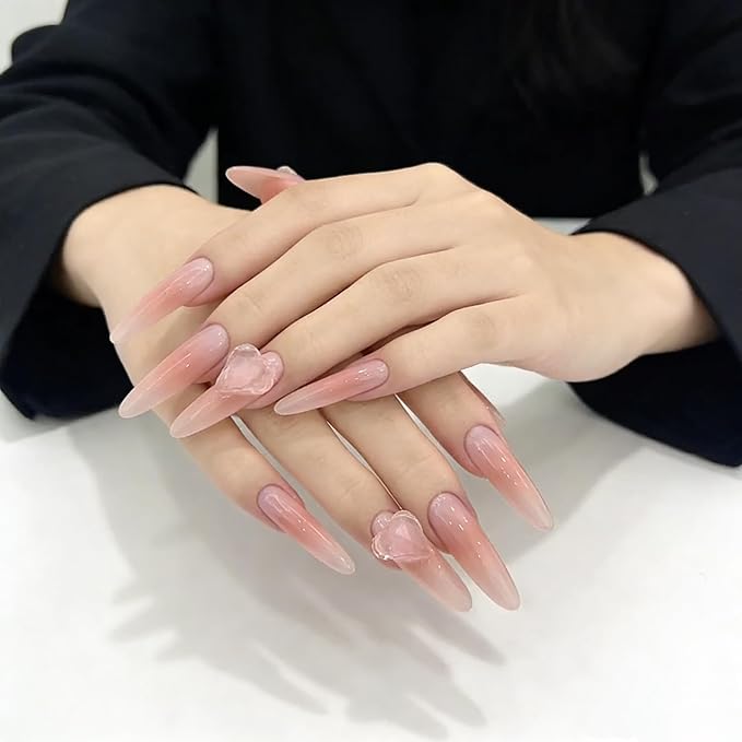 3D Heart Diamonds Press On Nails for Women-Long Almond Nude Pink Fake Nails,30pcs Reusable False Nails with Jelly Glue for Prom, Wedding&Daily Wear