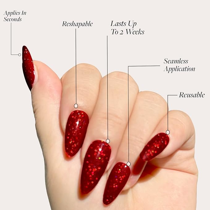 Red Press on Nails,Handmade Series Medium Almond nails Glitter False Nail Shape Galaxy False Nail Set Stick Gel Nail Kit Reusable Full Set of 24pcs