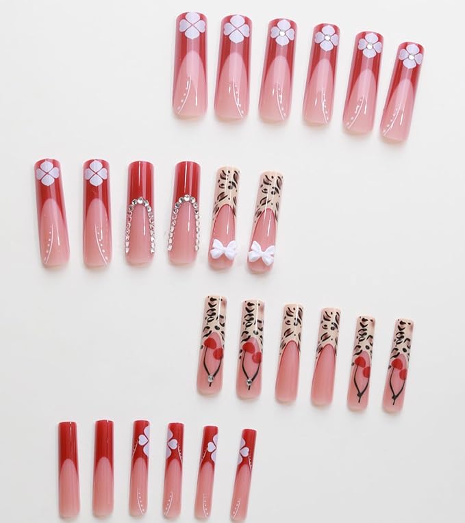 Press on Nails Square - Extra Long Fake Nails with 3D Rhinestones and Bows, Red French Tips Cute Fall False Nail, Fall Stick On Nails for Women, 12 Sizes - 24 Nail Kit, Floral Fusion