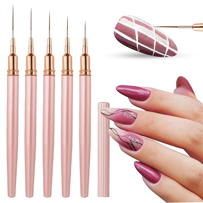 WOKOTO 5 Pcs Rose Gold Nail Art Liner Brushes Painting Nail Art Brush Set Nail Dotting Drawing Tool For Long Lines Thin Details Fine Drawing Sizes 5/8/12/15/20mm Liner Brushes With Metal Penholder