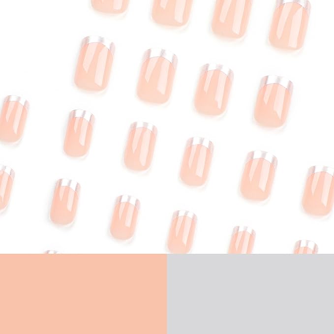 Press on Nails Square - Short Fake Nails with Silver French Design - Nude False Nails Glossy Stick on - for Women 24 Pcs