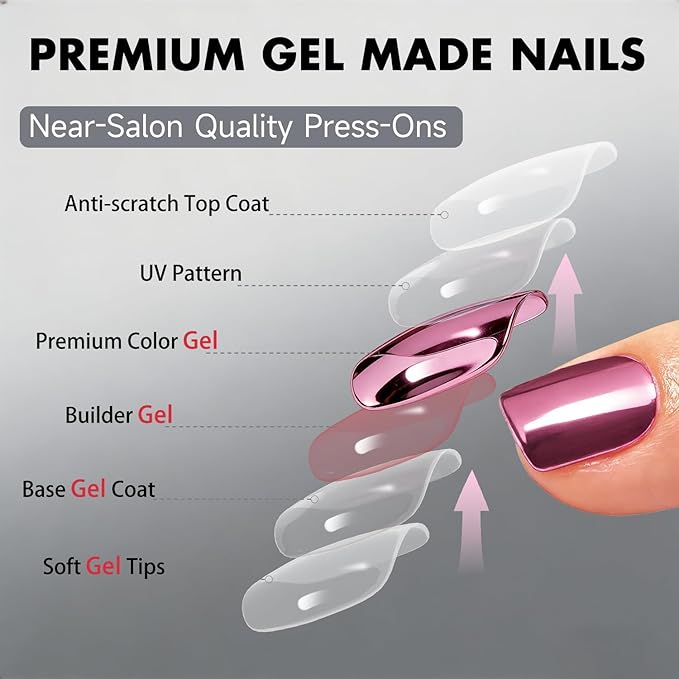 Chrome Press on Nails Short Square, Metallic Baby Pink Fake Nails with a Sparkle Mirror Finish, Glitter Glue on Nails for Women Birthday Party, Thick Quality Soft Gel Nail Press ons 30 Pcs