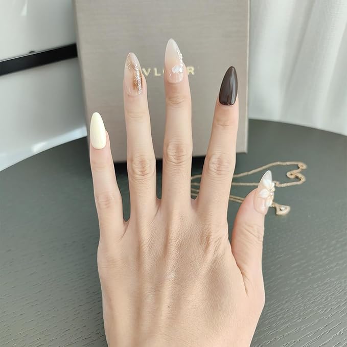 10 Medium Almond Handmade Press On Nails | Light Nude Pink Fake Nails with 3D Floral, Amber Ombre & Rhinestone Accents | Reusable Salon Quality Nails (5U04, M)