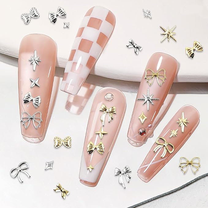Gold Silver 3D Nail Charms, 2Boxes 24Grids Bow Star Nail Gems Nail Studs,Punk Metal Alloy Rivet Stickers Bowknot Nail Art Decorations Accessories for Nail Art Design DIY Crafts (Gold Silver A)