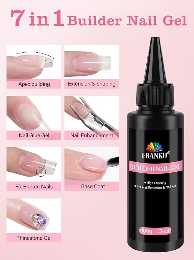 EBANKU 100ml Builder Gel for Nails Clear, Strengthener Gel Color Hard Builder, Nail Apex Building Soak off Long Lasting for DIY Art Manicure
