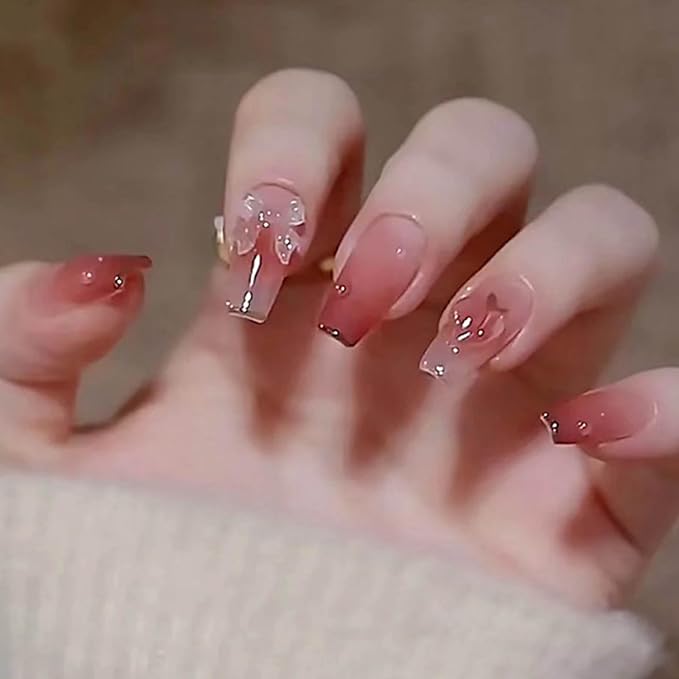 Hkanlre Pink Butterfly Press on Nails Cute Coffin Medium Fake Nails Tips Full Cover Gradient False Nails for Women and Girls 24PCS